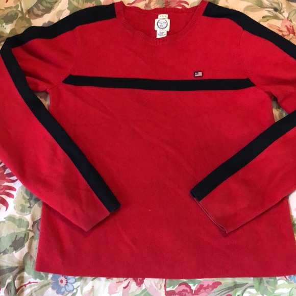 Vintage RALPH LAUREN Size Large Pullover Red Black Ribbed Cotton Embroidery Flag - Picture 9 of 16